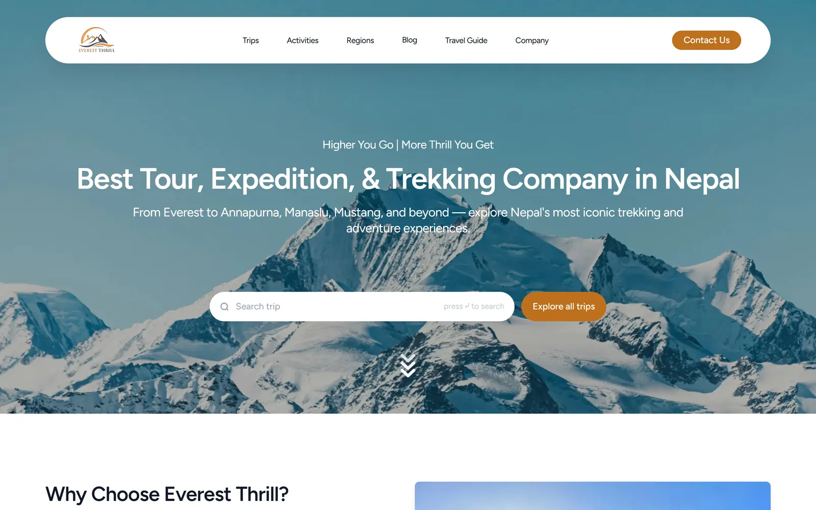 The Everest Thrills trekking company website with a Himalayan hero image