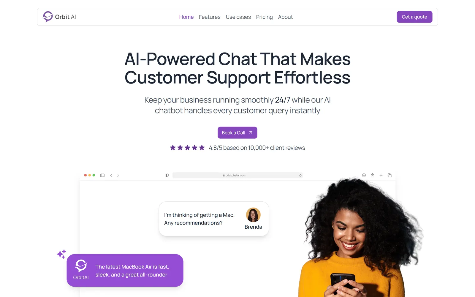 The Orbit Chat marketing site showing its AI customer-support chat product